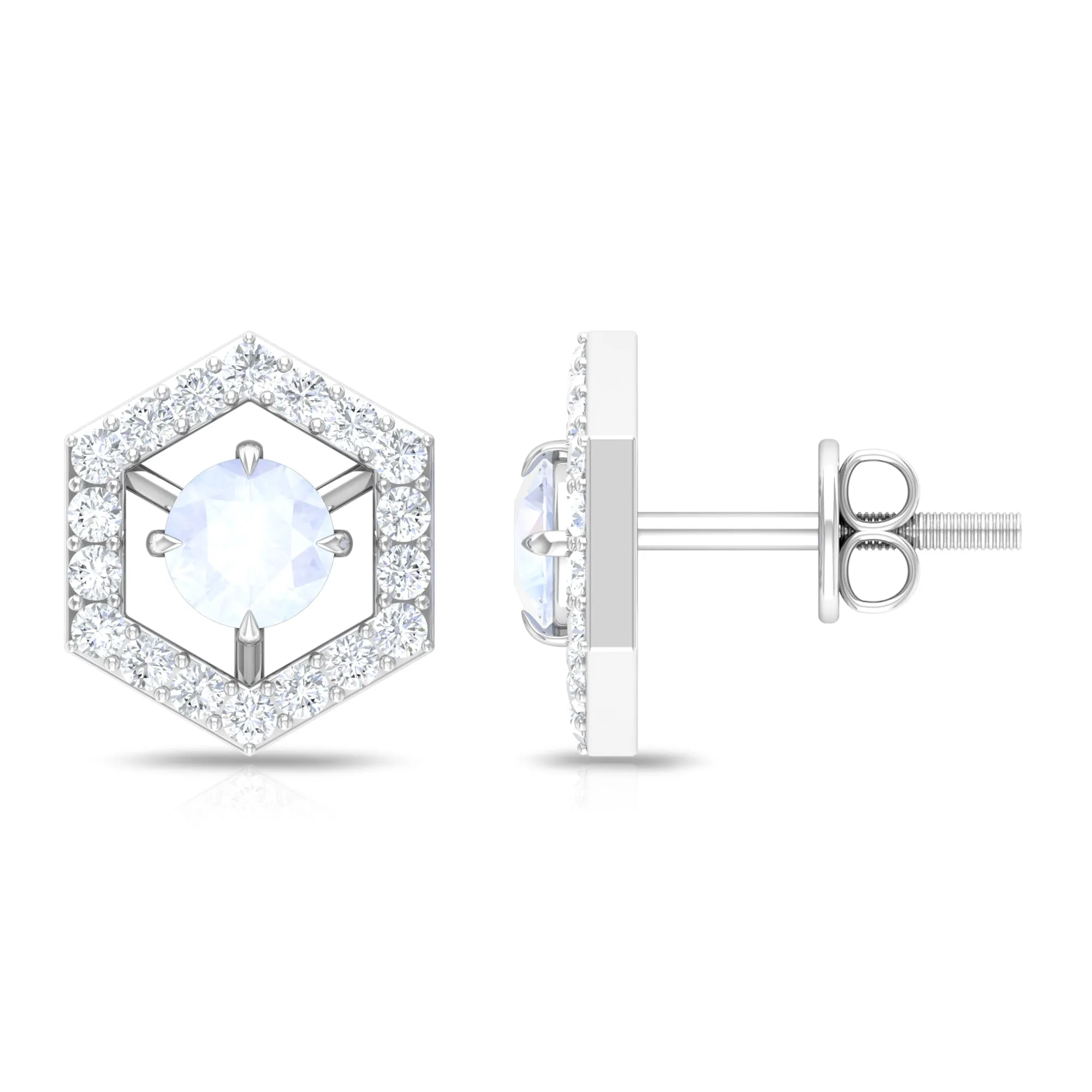 1 CT Minimal Moonstone and Diamond Geometric Stud Earrings