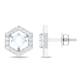 1 CT Minimal Moonstone and Diamond Geometric Stud Earrings