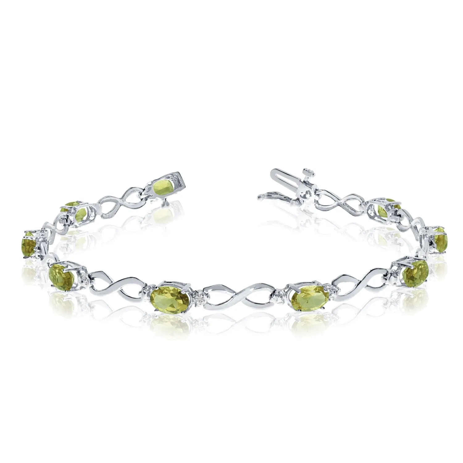 10K White Gold Oval Peridot Stones And Diamonds Infinity Tennis Bracelet, 7"