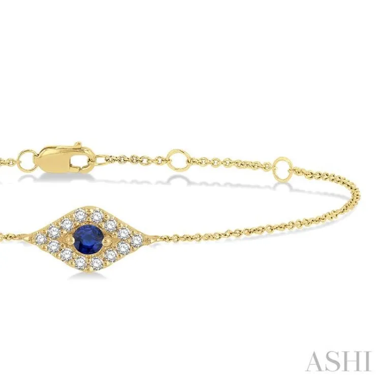 1/10 ctw Evil Eye Round Cut Diamond & 2.60MM Round Cut Sapphire  Precious Petite Fashion Bracelet in 10K Yellow Gold