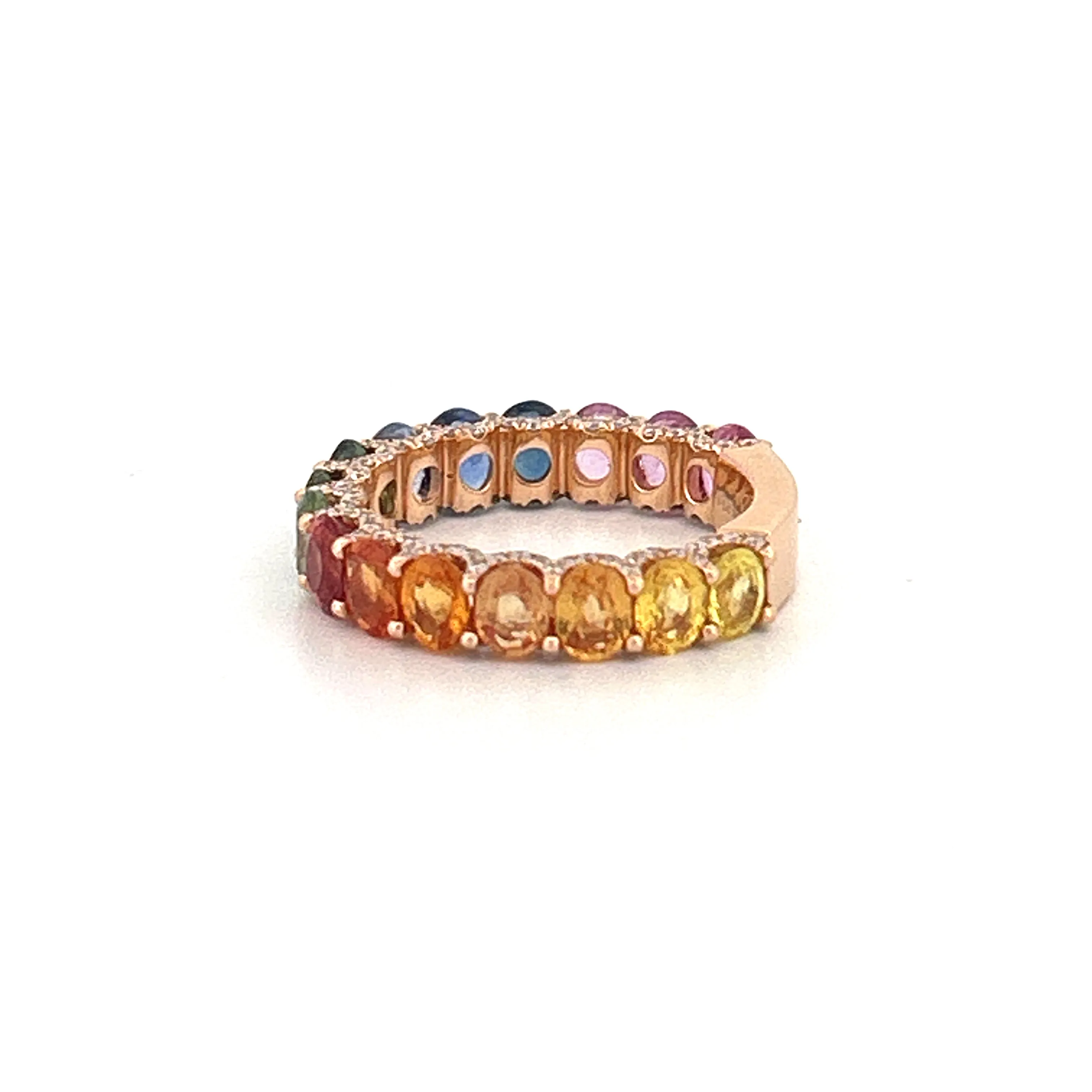 14K Gold Rainbow Oval Sapphire Diamond U-Prong Band