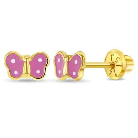 14k Gold Tiny Polka Dot Butterfly Baby / Toddler / Kids Earrings Safety Screw Back Enamel