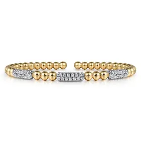 14K White and Yellow Gold 0.51Ct Diamond Pave Three Station Bar Bujukan Beads Split Bangle Bracelet