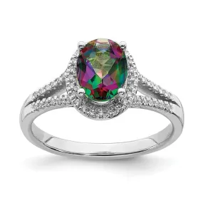 14k White Gold Oval Mystic Fire Topaz Diamond Halo Double Shank Engagement Ring