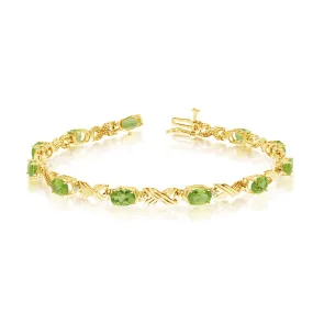 14K Yellow Gold Oval Peridot Stones And Diamonds Tennis Bracelet, 7"