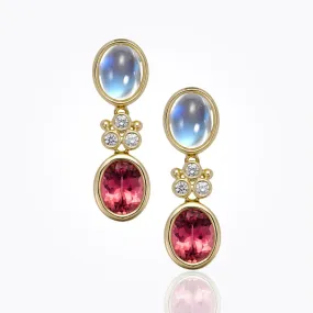 18K Classic Drop Earrings with royal blue moonstone, pink tourmaline and diamond