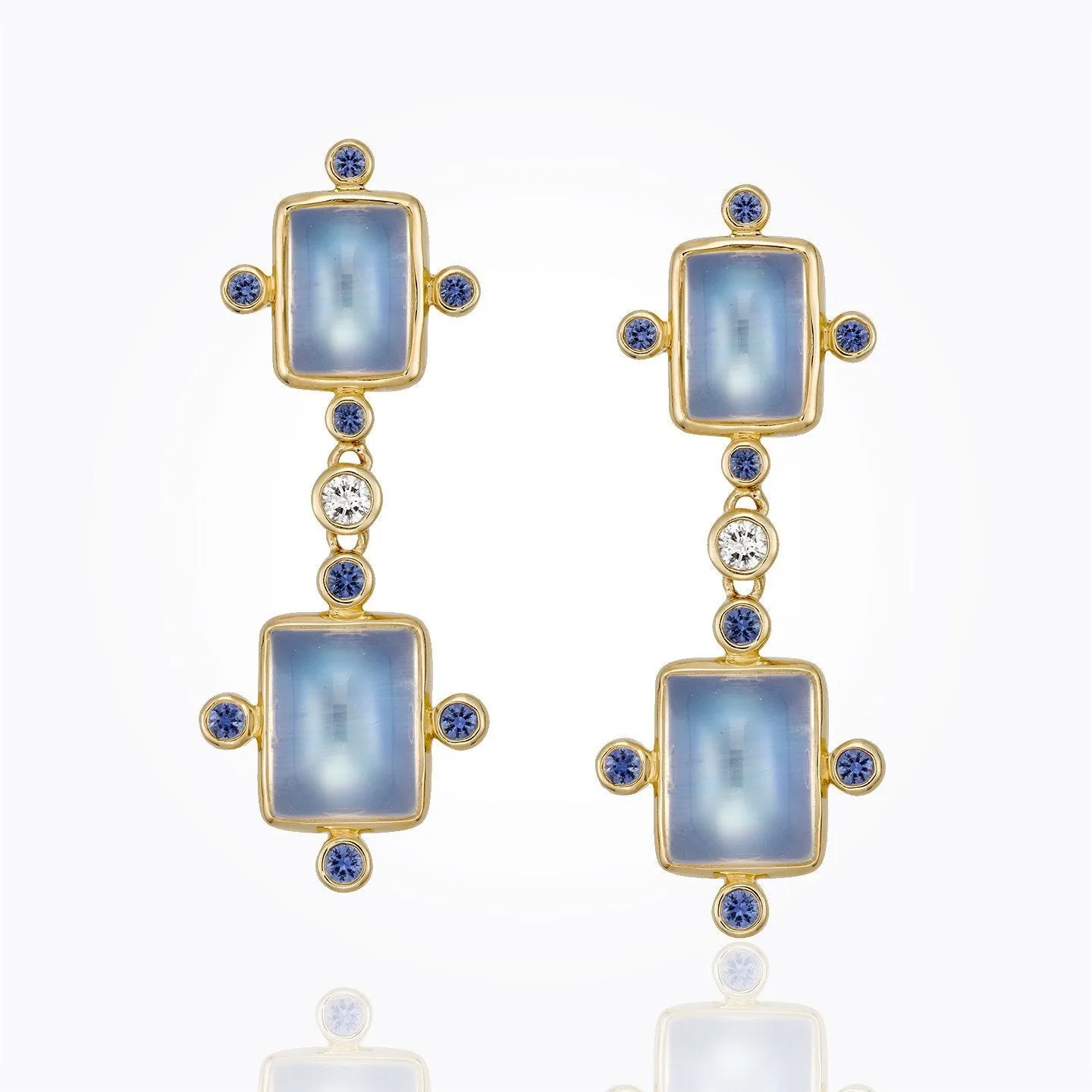 18K Cleo Drop Earrings with royal blue moonstone, sapphire and diamond