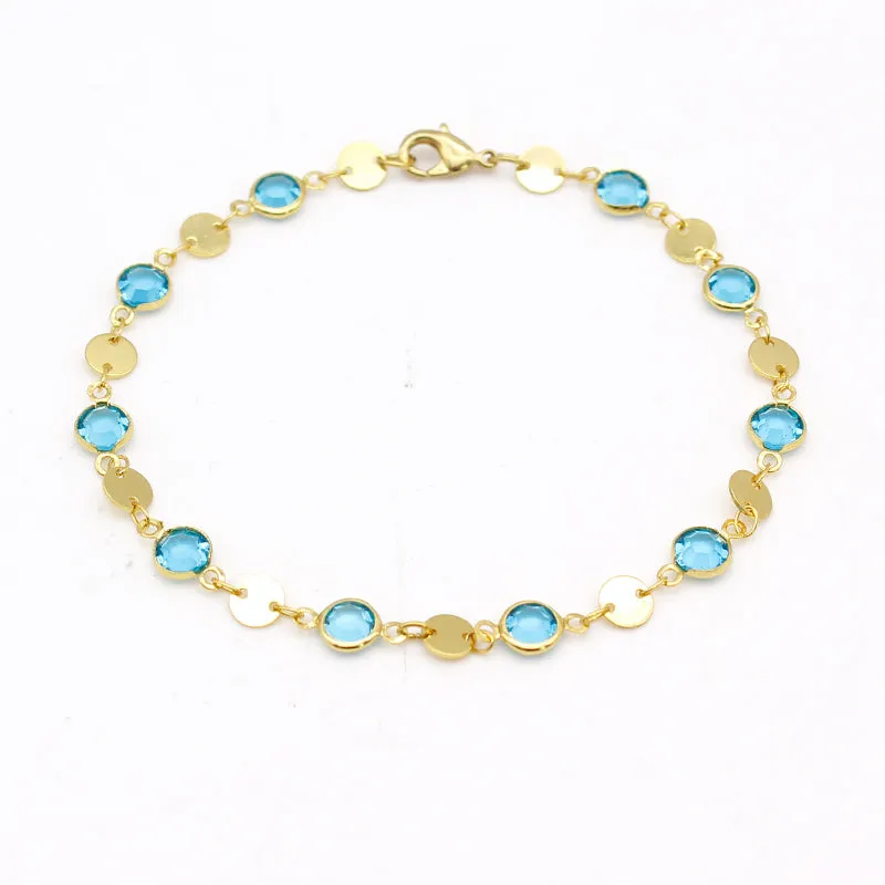 18K GOLD Filled High Polish Finsh Aquamarine CRYSTAL ANKLE BRACELET JJA09