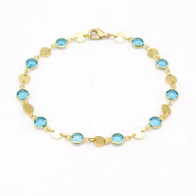 18K GOLD Filled High Polish Finsh Aquamarine CRYSTAL ANKLE BRACELET JJA09