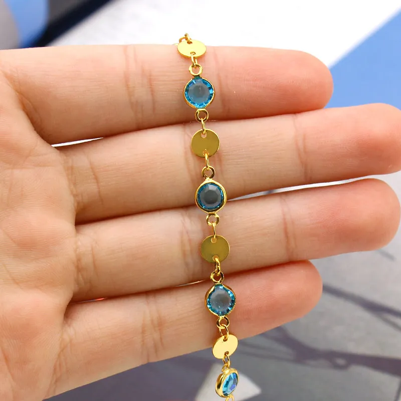 18K GOLD Filled High Polish Finsh Aquamarine CRYSTAL ANKLE BRACELET JJA09