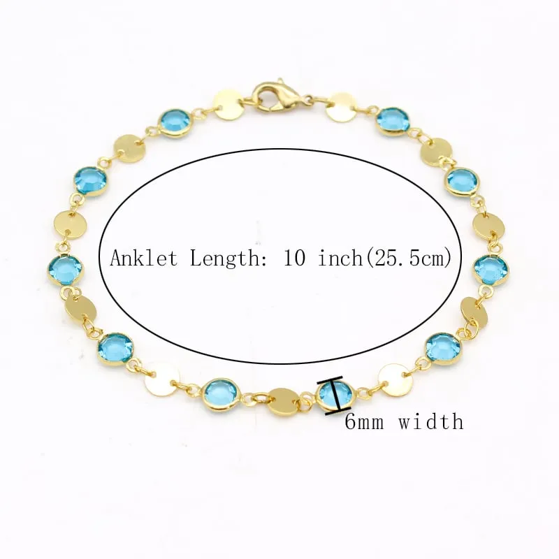 18K GOLD Filled High Polish Finsh Aquamarine CRYSTAL ANKLE BRACELET JJA09