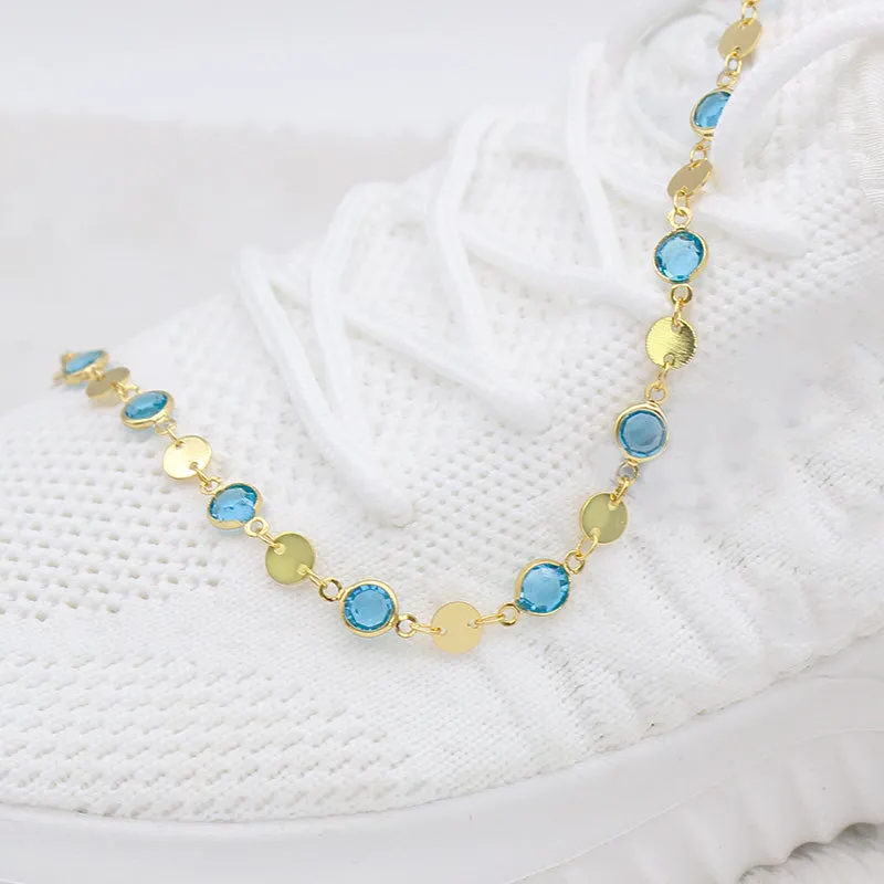 18K GOLD Filled High Polish Finsh Aquamarine CRYSTAL ANKLE BRACELET JJA09