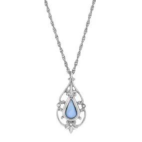 1928 Jewelry Faux Blue Moonstone Teardrop Fleur De Lis Pendant Necklace 16"   3 " Extender