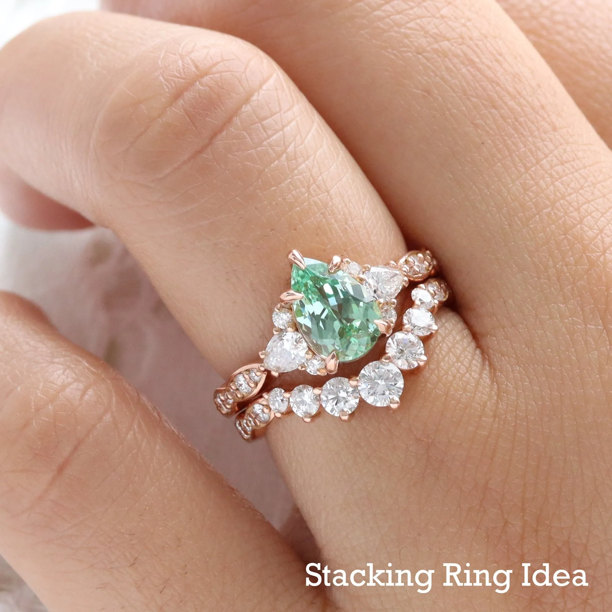 2.2 Ct. Pear Green Sapphire Ring in Dahlia 3 Stone Diamond Band