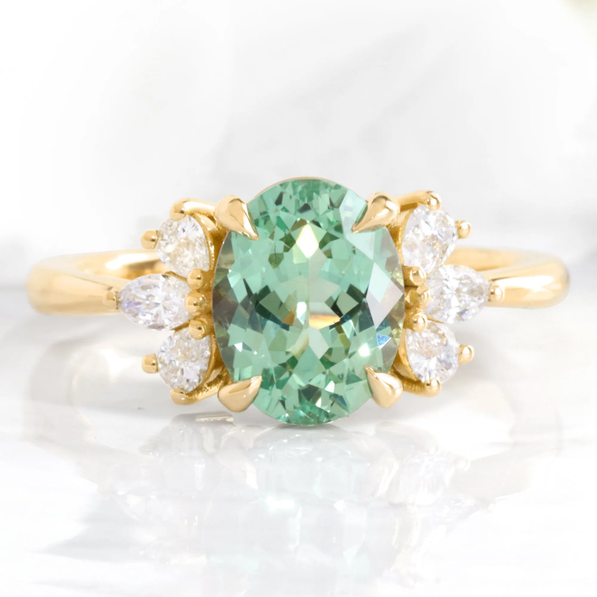 2.7 Ct. Oval Green Sapphire Ring in Fairy 3 Stone Diamond Band