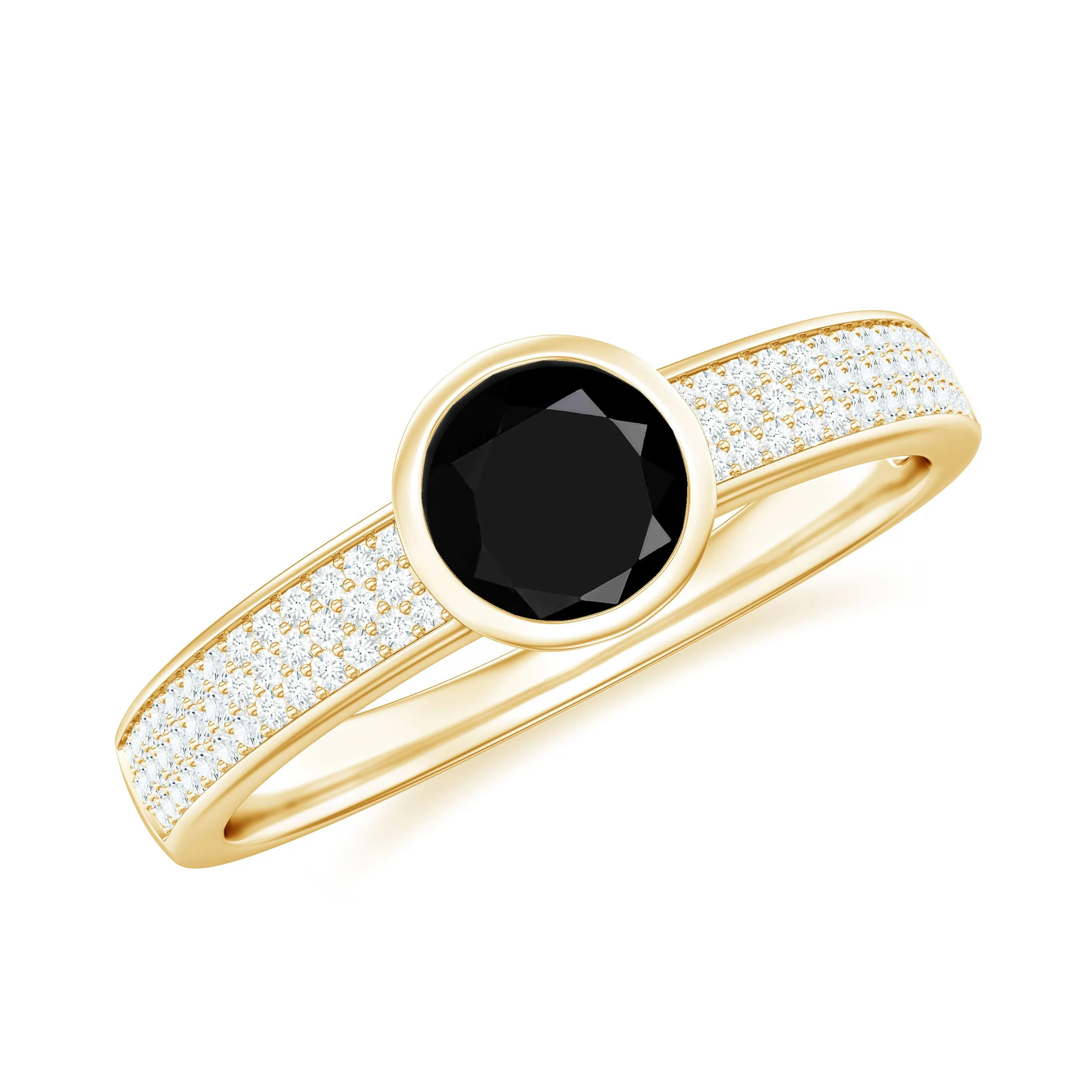 3/4 CT Bezel Set Black Spinel Solitaire Ring with Diamond Side Stones