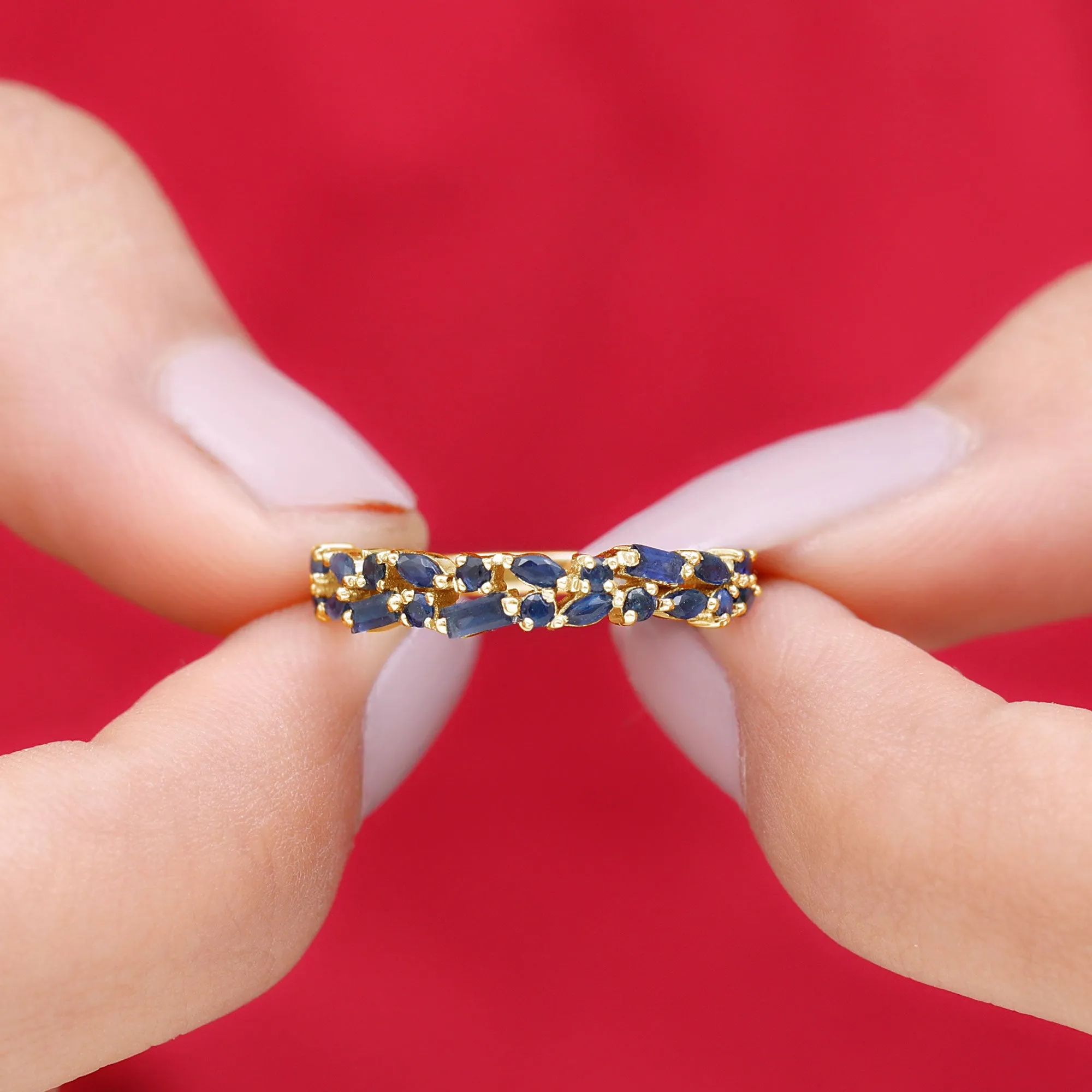 3/4 CT Blue Sapphire Cluster Half Eternity Band Ring