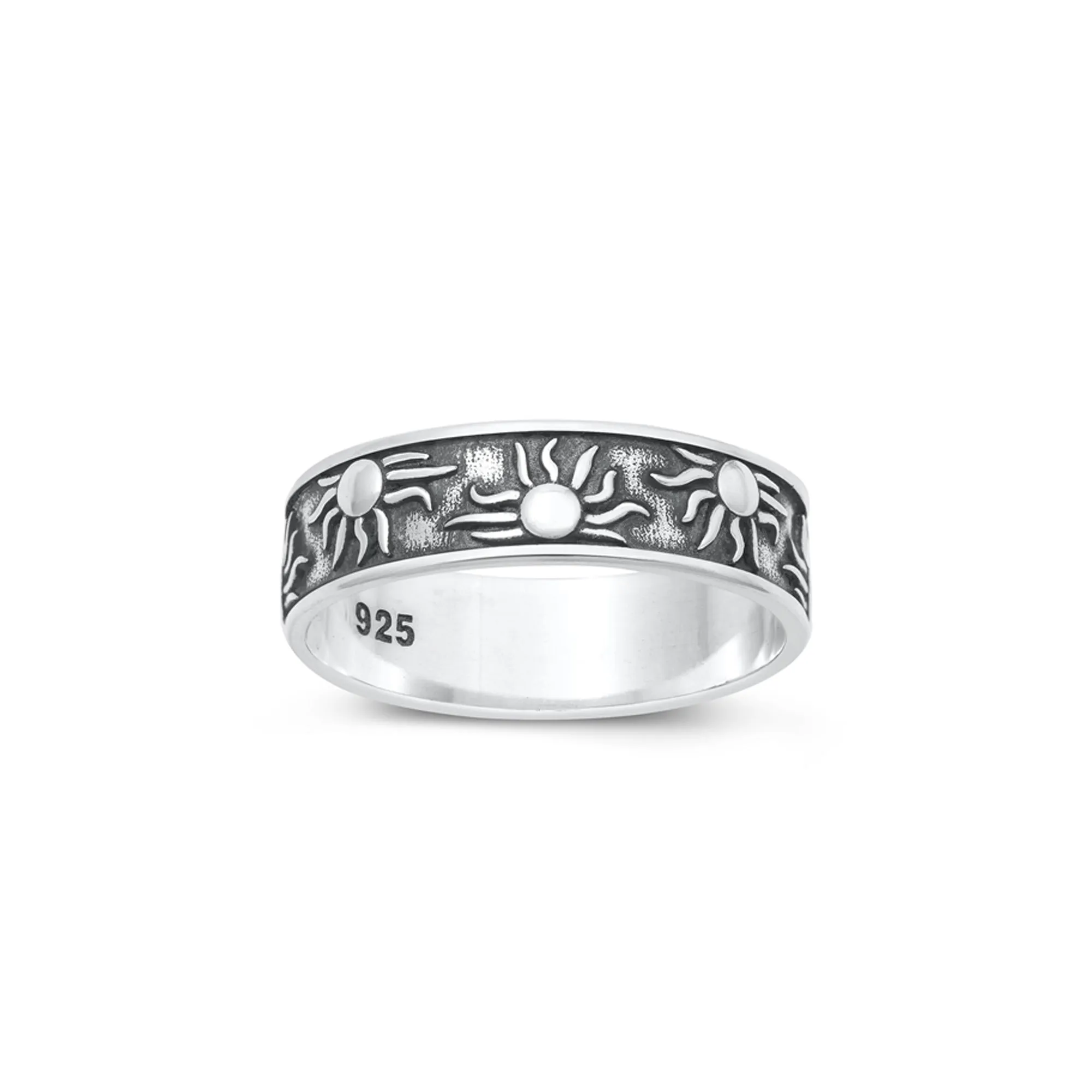 925 Sterling Silver 6mm Oxidized Sun & Fire Band for Men and Women.  Excellent Pinky, Wedding, Index or Thumb Ring.