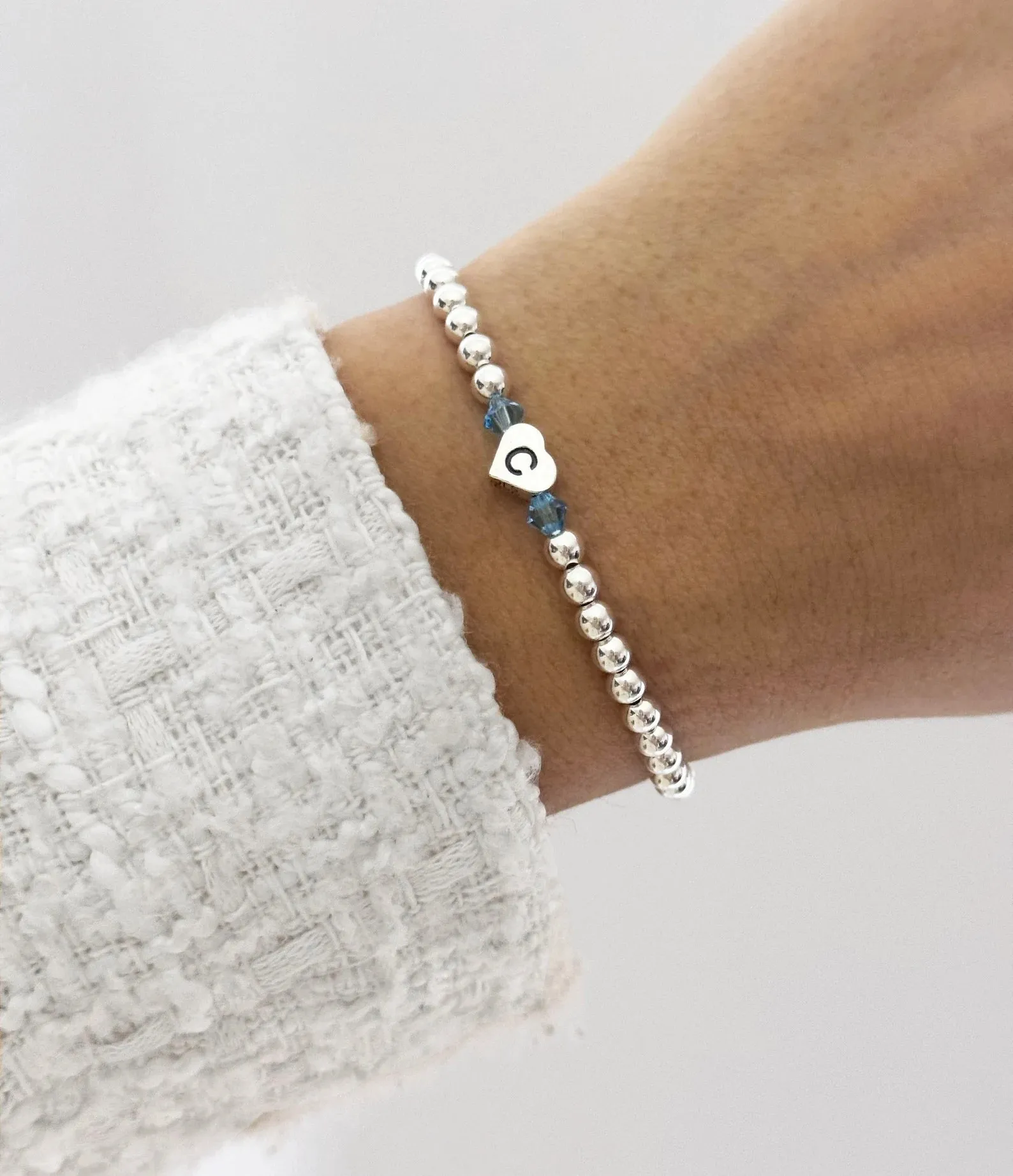 925 Sterling Silver Heart Initial Swarovski Birthstone Bracelet, Sterling Silver Stretch Bracelet, Initial Bracelet, Birthstone Bracelet