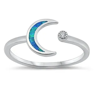 925 Sterling Silver Moon & Star Ring With Clear CZ or Opal