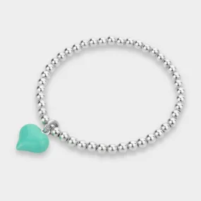 925 Sterling Silver Turquoise Puff Heart Charm Bracelet, Turquoise Heart Charm Bracelet, Heart Charm Bracelet, Stacked Bracelets