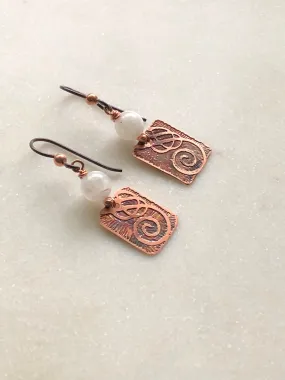 Acid etched copper swirl earrings with moonstone