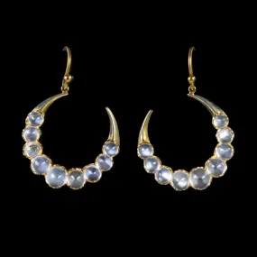 Antique Victorian Crescent Moon Moonstone Drop Earrings Circa 1900