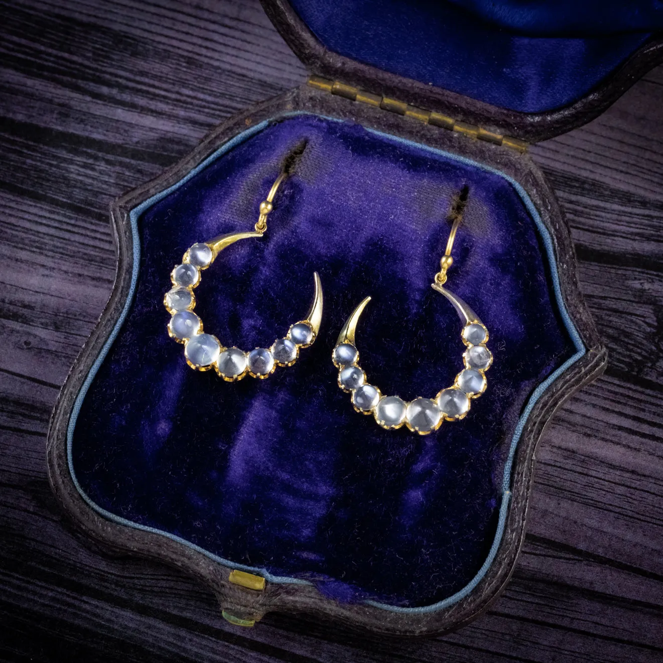 Antique Victorian Crescent Moon Moonstone Drop Earrings Circa 1900