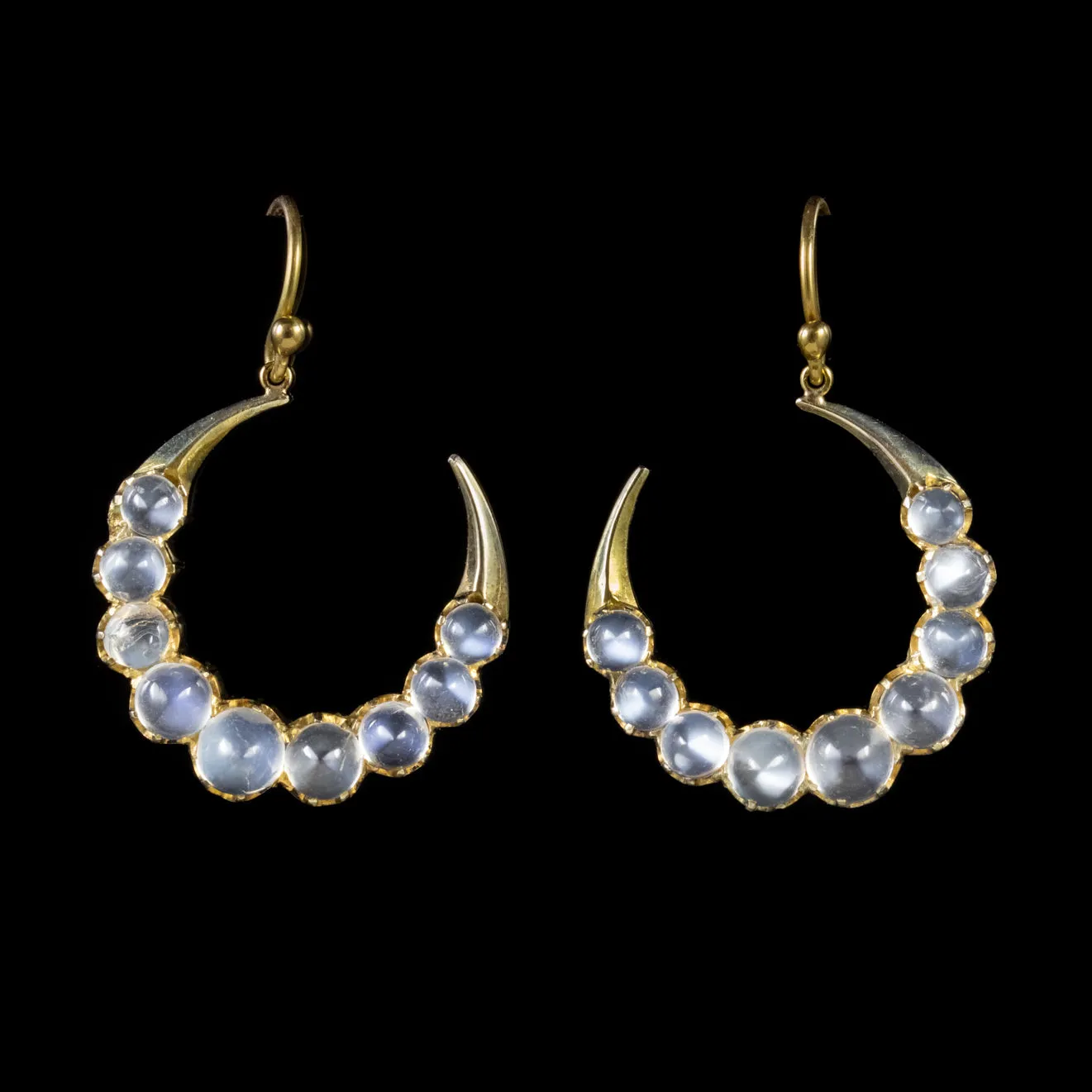 Antique Victorian Crescent Moon Moonstone Drop Earrings Circa 1900