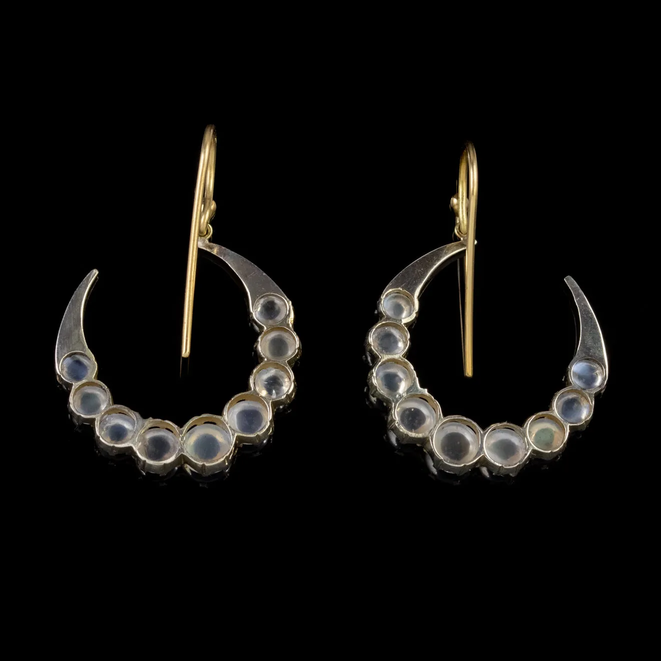 Antique Victorian Crescent Moon Moonstone Drop Earrings Circa 1900