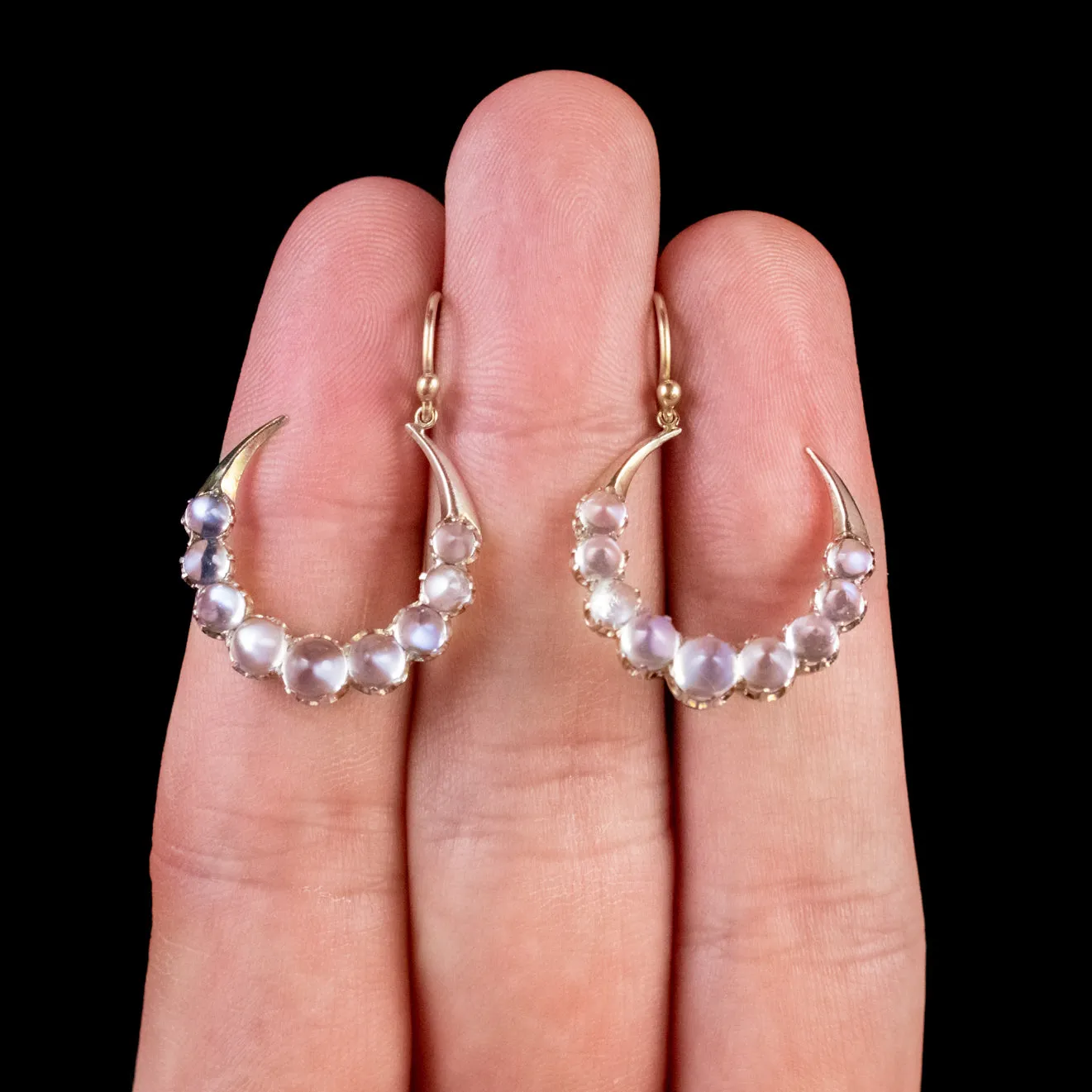 Antique Victorian Crescent Moon Moonstone Drop Earrings Circa 1900