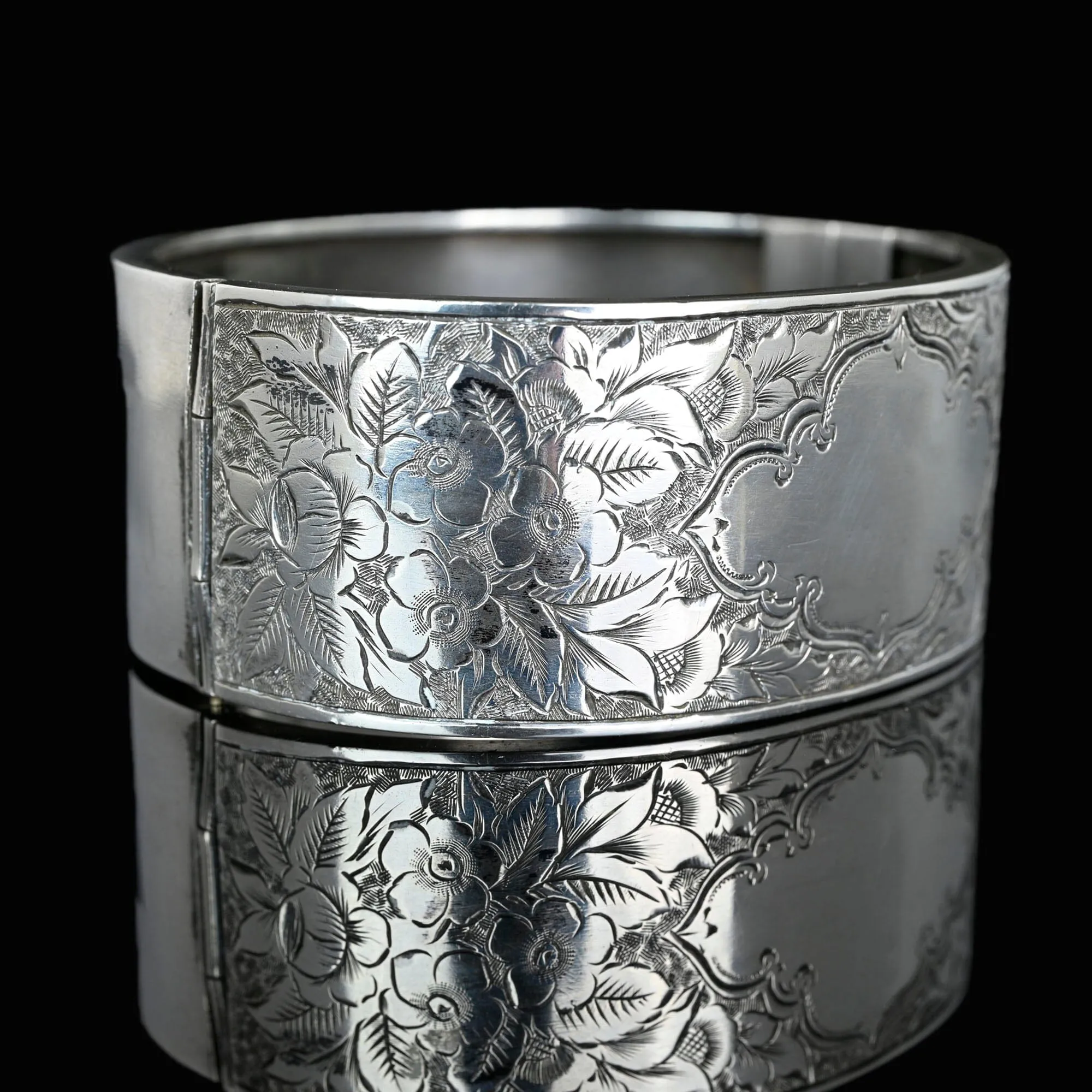 Antique Wide Victorian Silver Cuff Bangle Bracelet, Circa 1856