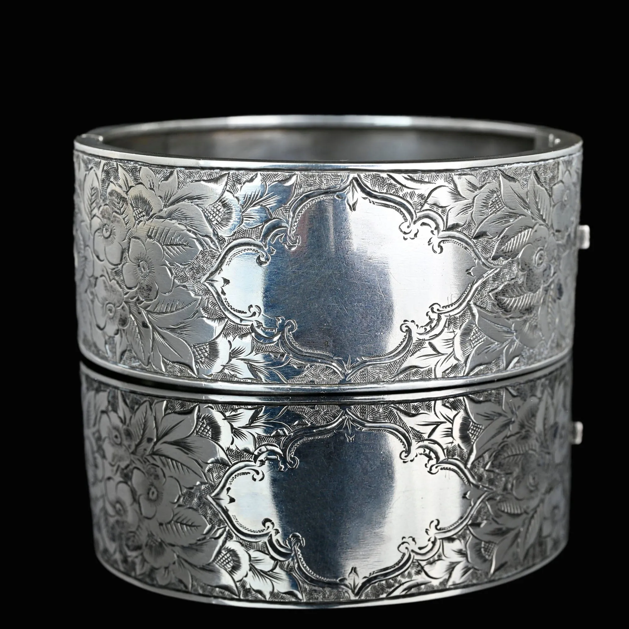 Antique Wide Victorian Silver Cuff Bangle Bracelet, Circa 1856