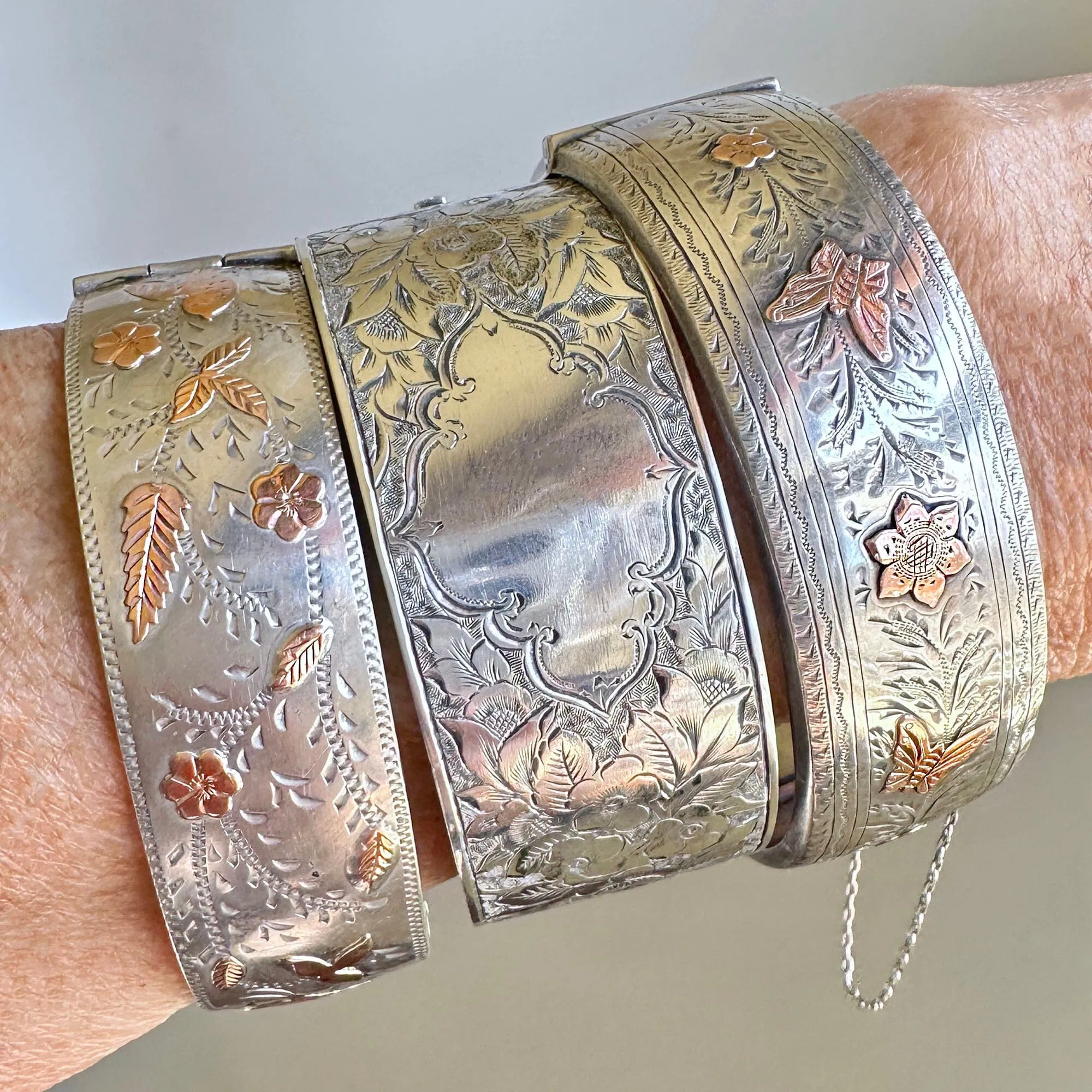 Antique Wide Victorian Silver Cuff Bangle Bracelet, Circa 1856