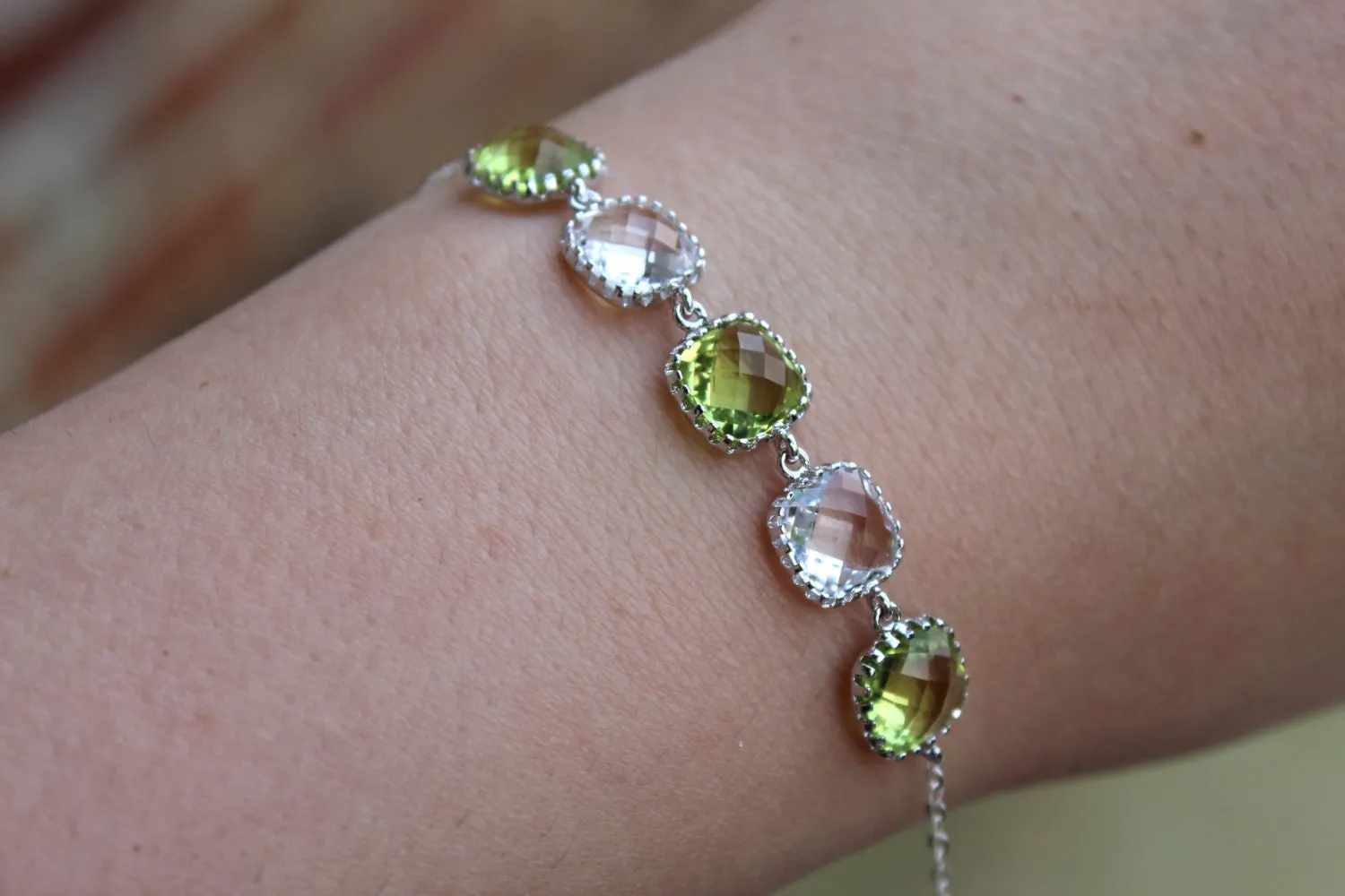 Apple Green Peridot Bracelet Crystal Silver Plated Green Bracelet - Clear Bridesmaid Bracelet - Bridal Bracelet Crystal Wedding Jewelry