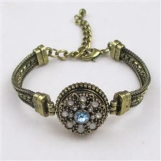 Aqua & White Crystals on Antique Gold Bangle Bracelet