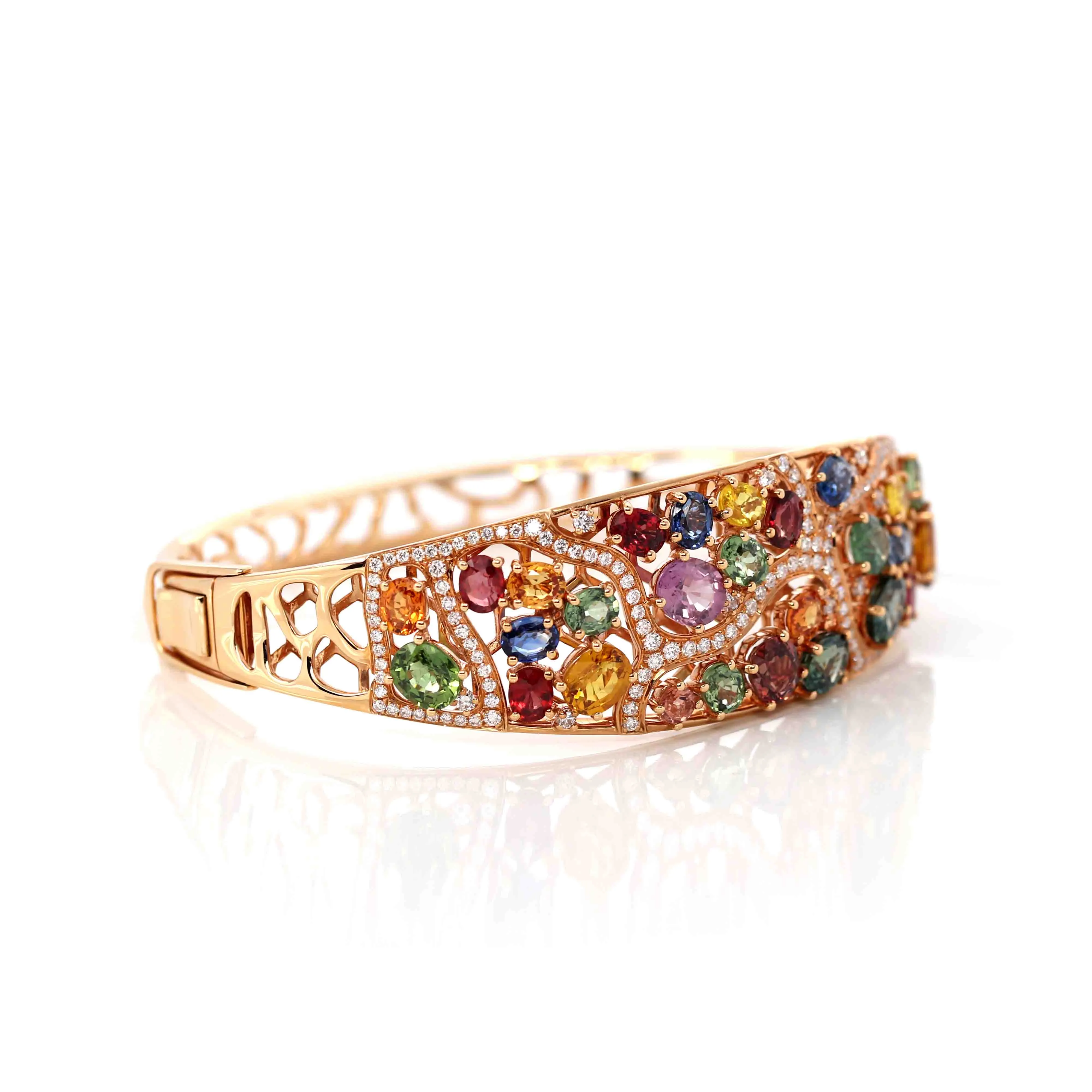 Baikalla 18K Rose Gold Multi-Colors Sapphire Bangle Bracelet With 1ct Diamonds