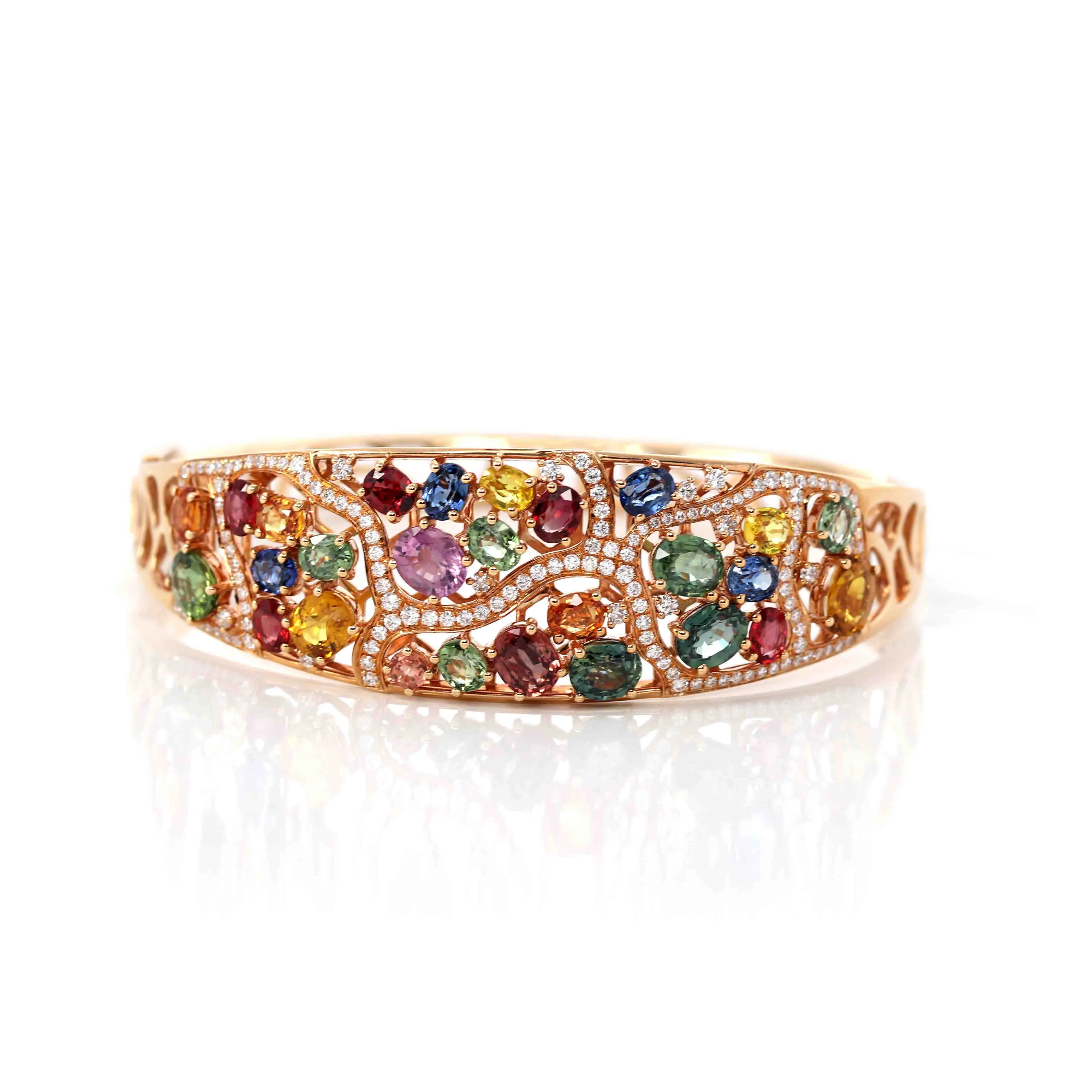 Baikalla 18K Rose Gold Multi-Colors Sapphire Bangle Bracelet With 1ct Diamonds