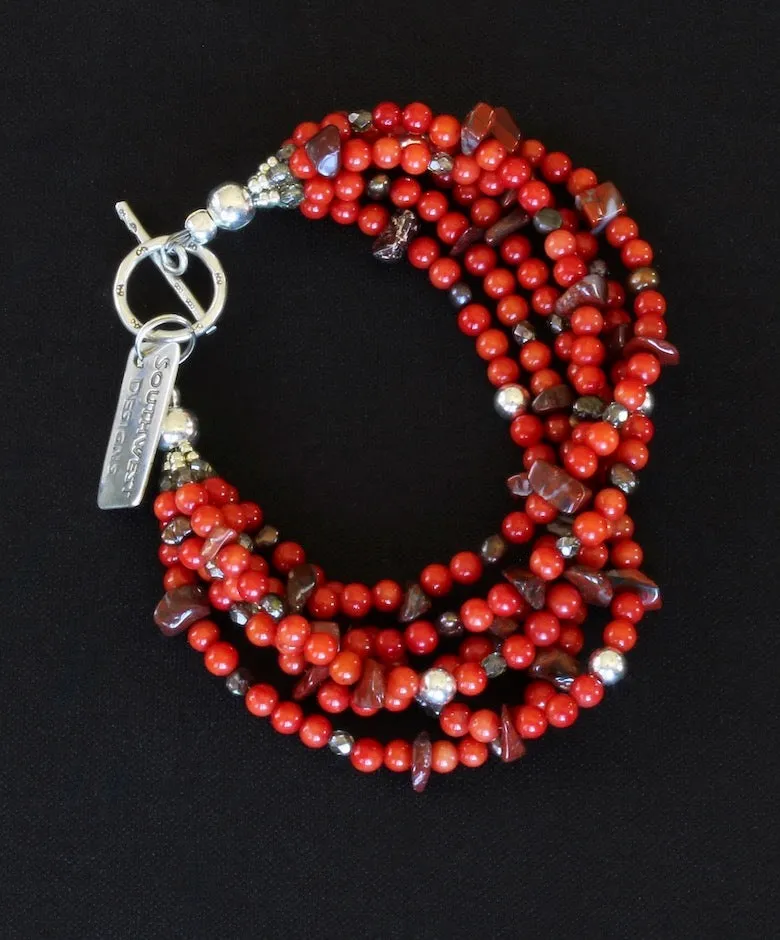 Bamboo Coral Rounds 6-Strand Bracelet with Rainbow Brecciated Jasper Chip, Bronze Nugget Pearls, Fire Polished Glass, and Sterling Silver Beads and Toggle Clas