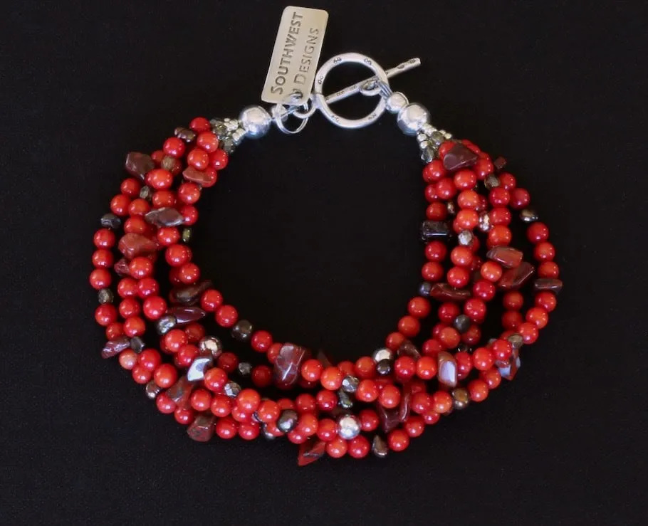 Bamboo Coral Rounds 6-Strand Bracelet with Rainbow Brecciated Jasper Chip, Bronze Nugget Pearls, Fire Polished Glass, and Sterling Silver Beads and Toggle Clas