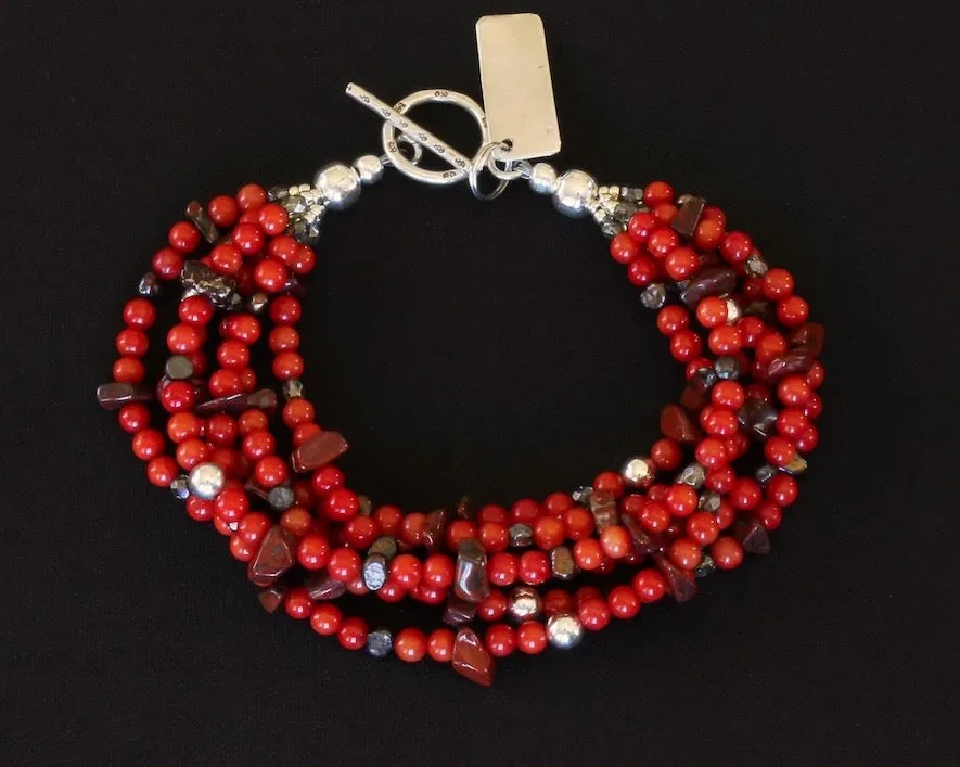 Bamboo Coral Rounds 6-Strand Bracelet with Rainbow Brecciated Jasper Chip, Bronze Nugget Pearls, Fire Polished Glass, and Sterling Silver Beads and Toggle Clas