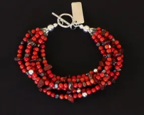 Bamboo Coral Rounds 6-Strand Bracelet with Rainbow Brecciated Jasper Chip, Bronze Nugget Pearls, Fire Polished Glass, and Sterling Silver Beads and Toggle Clas