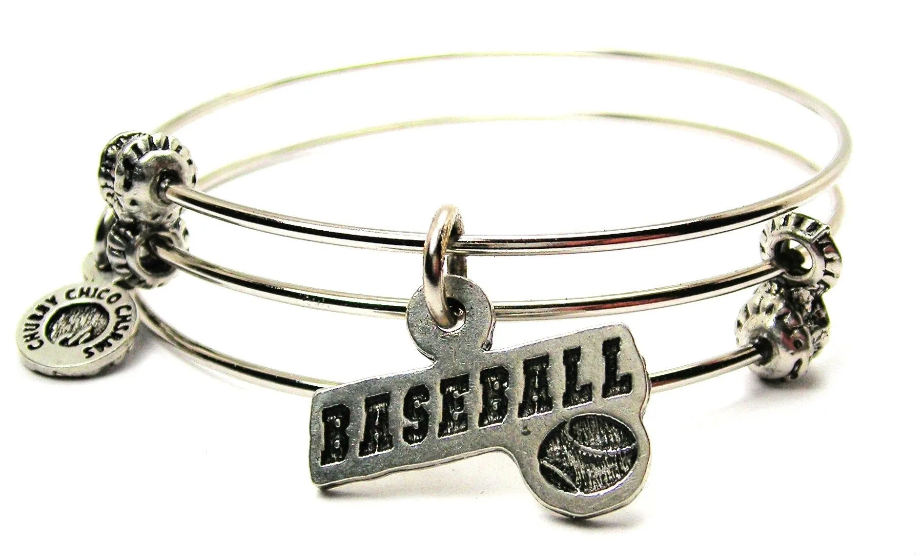 Baseball Tab With Baseball Triple Style Expandable Bangle Bracelet