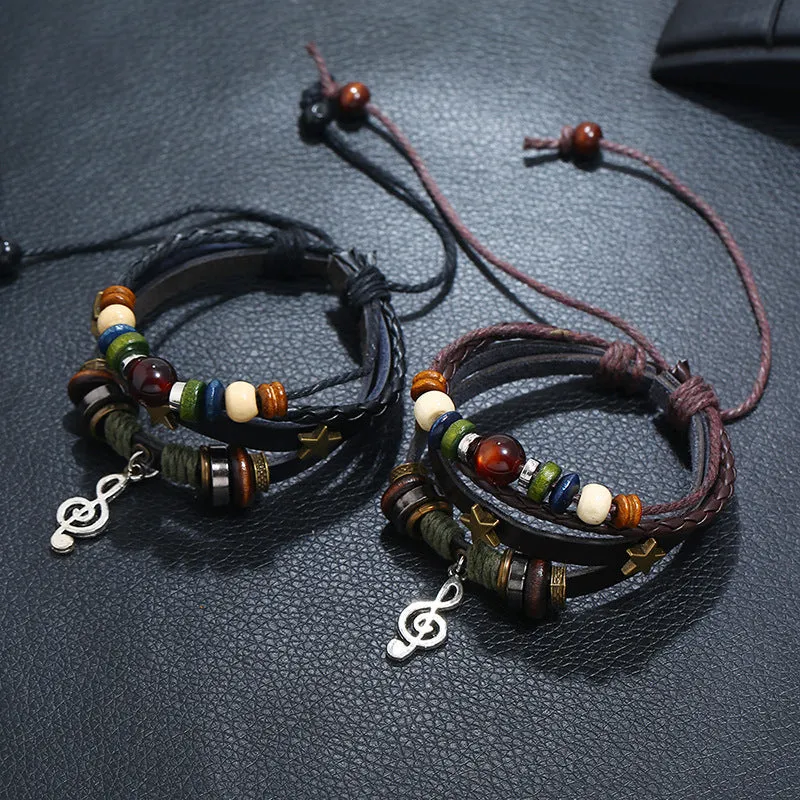 Beaded Genuine Leather Retro Bracelet Alloy Note Cattle Leather Bracelet