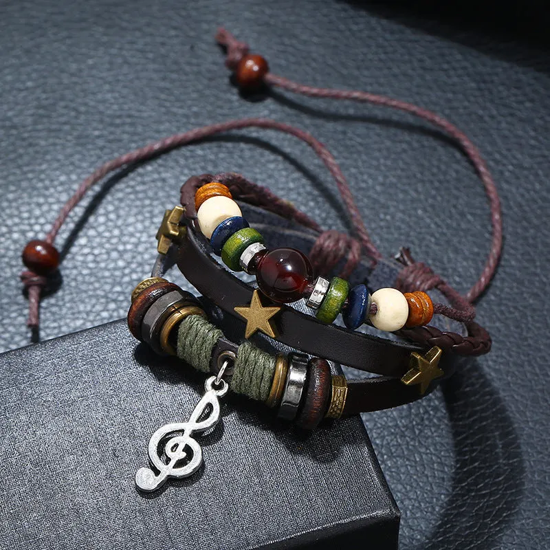 Beaded Genuine Leather Retro Bracelet Alloy Note Cattle Leather Bracelet