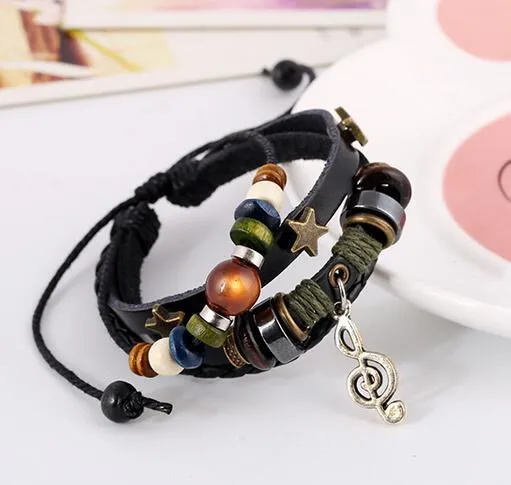 Beaded Genuine Leather Retro Bracelet Alloy Note Cattle Leather Bracelet