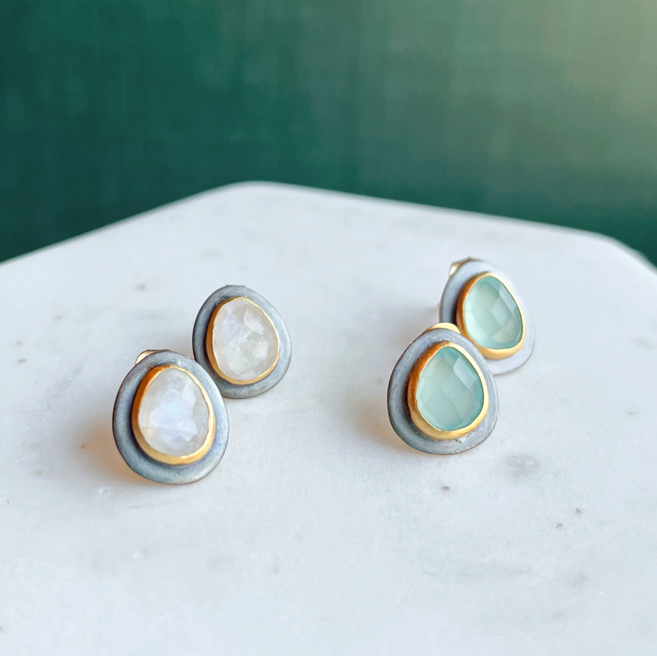 Black & Gold Teardrop Stud Earrings: Rainbow Moonstone