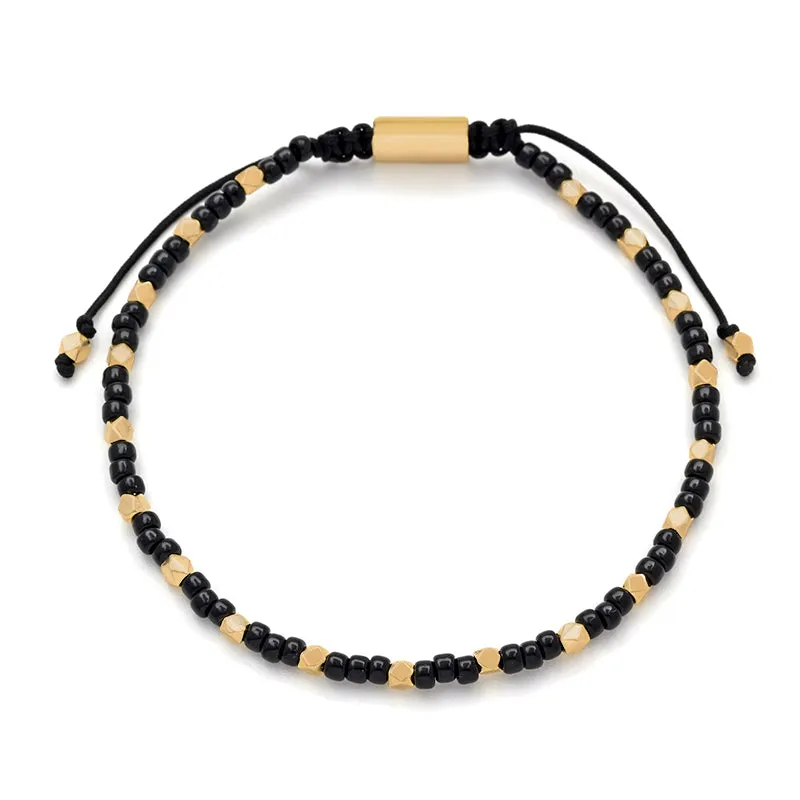 Black Glass & Gold Vermeil Accent Beads Pull Cord Bracelet