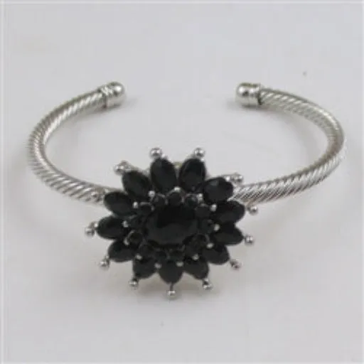 Black Multi-stone Crystal Flower Bangle Bracelet