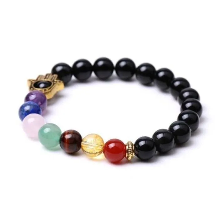 Black Obsidian Hamsa 7 Chakra Elastic Bracelet | Protection, Grounding & Energy Balance